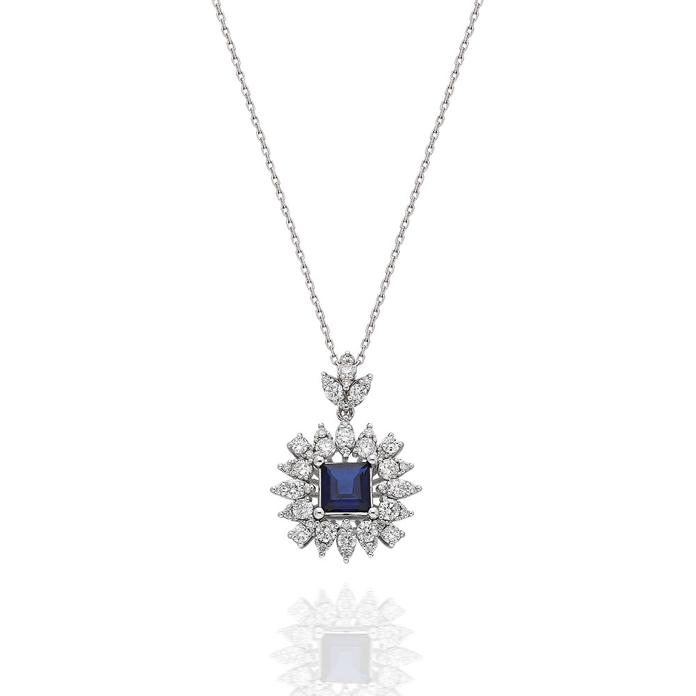 lant din aur alb cu pandantiv 14k cu diamante si safir