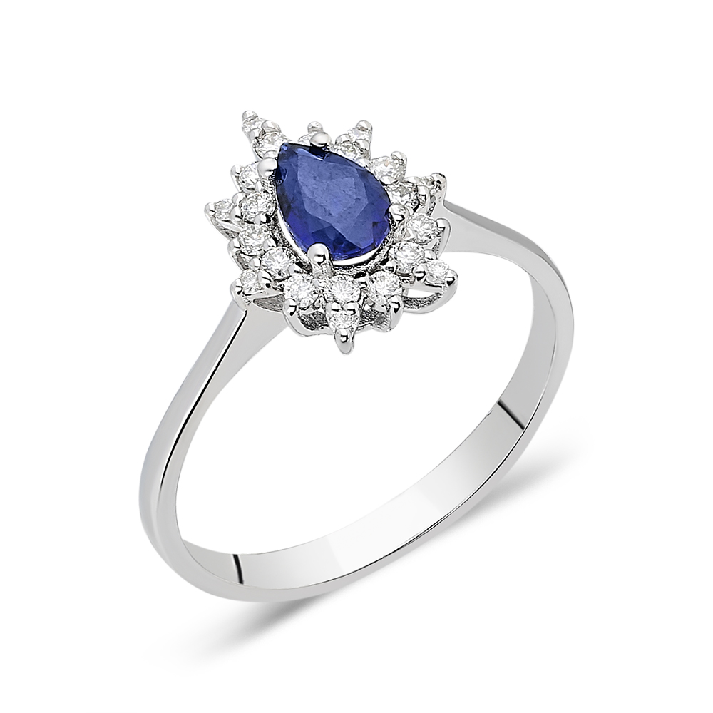 Inel aur alb 14k cu diamante si safir