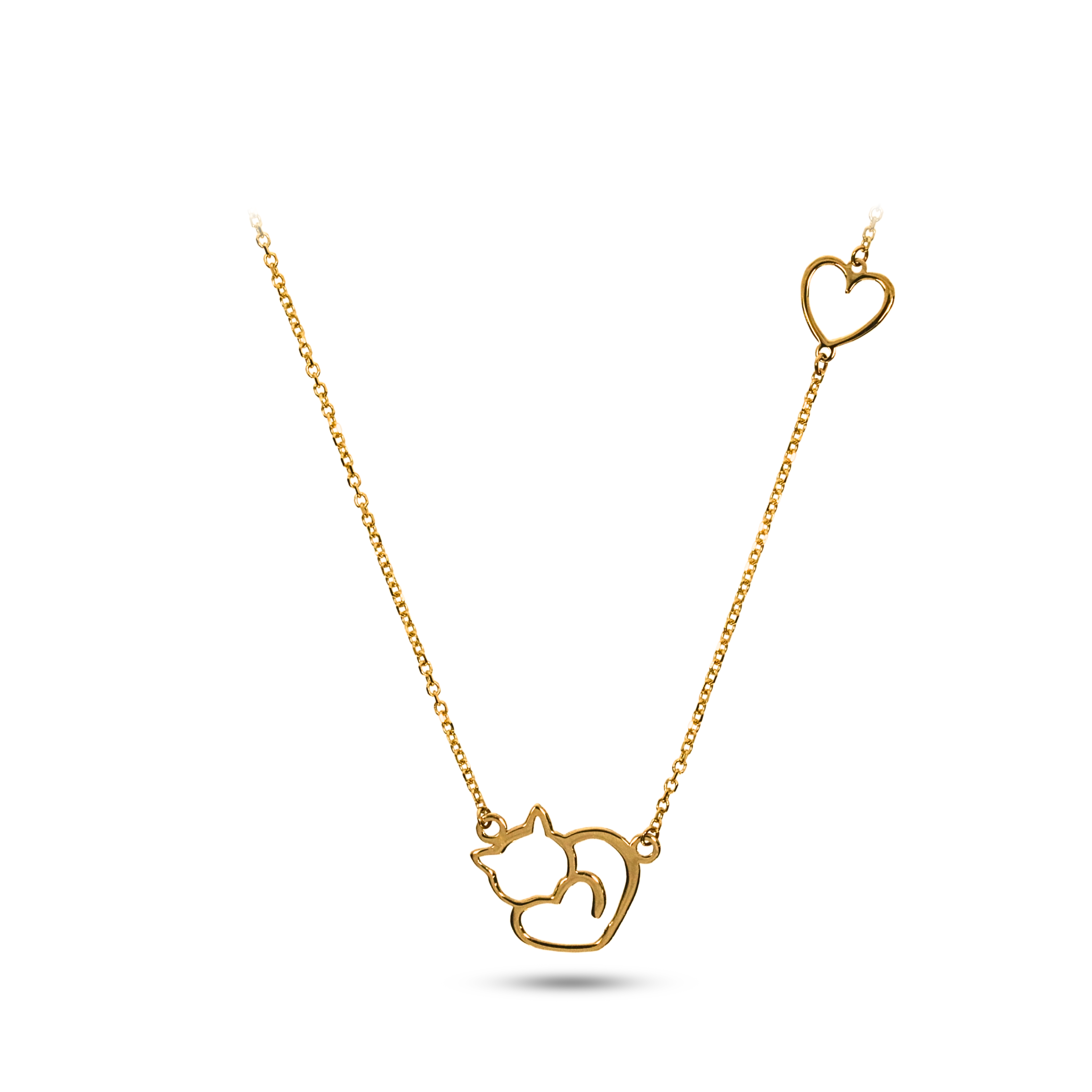 Lant aur galben 14k cu pandantiv pisica si inimioara