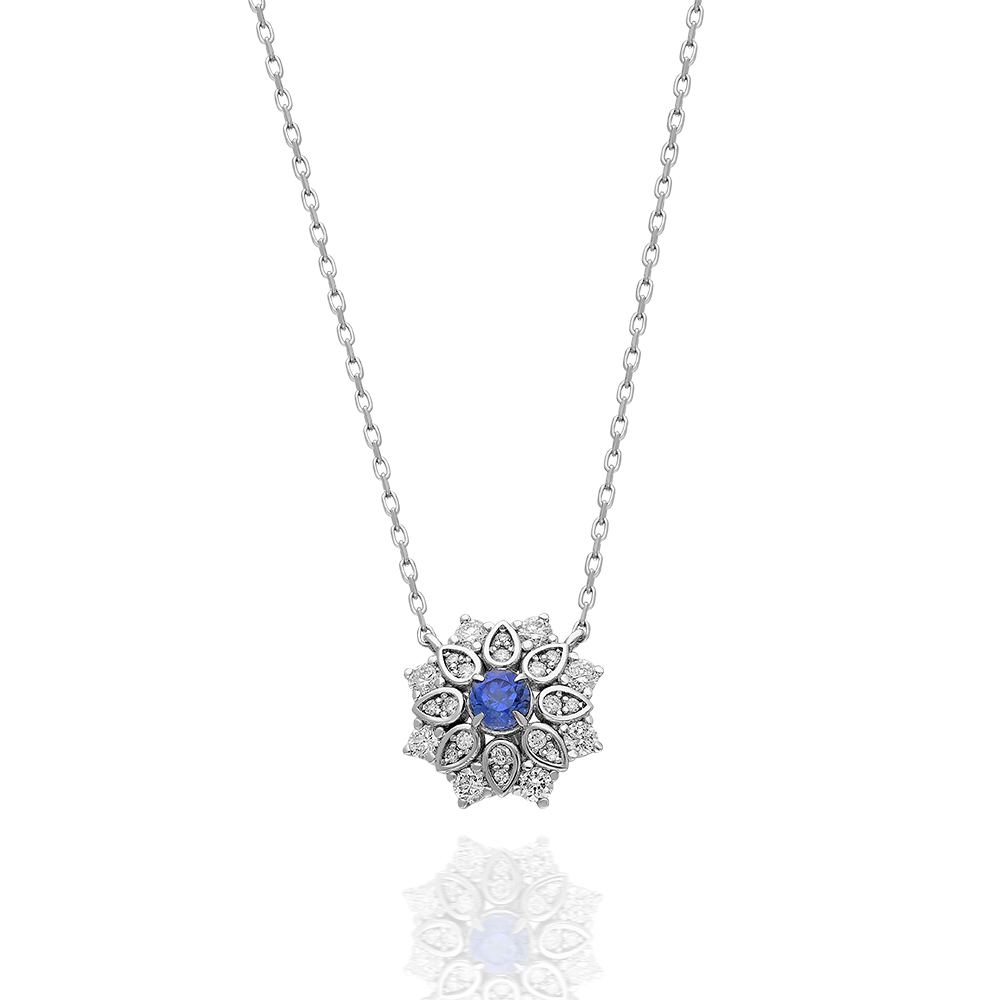 Lant aur alb cu safir Lant cu pandantiv aur alb 14k cu diamante si safir