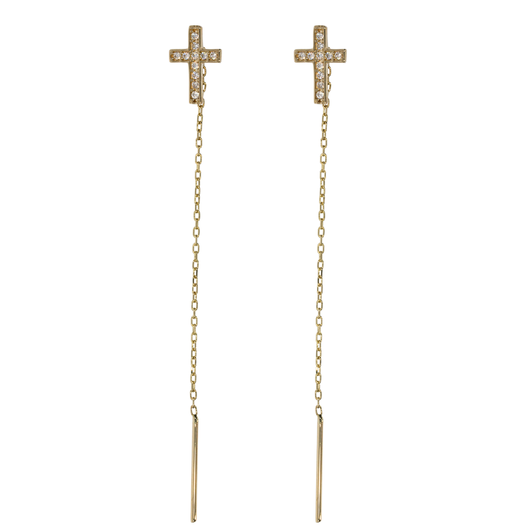 Cercei lant lungi aur galben 14k cruce cu pietricele zircon