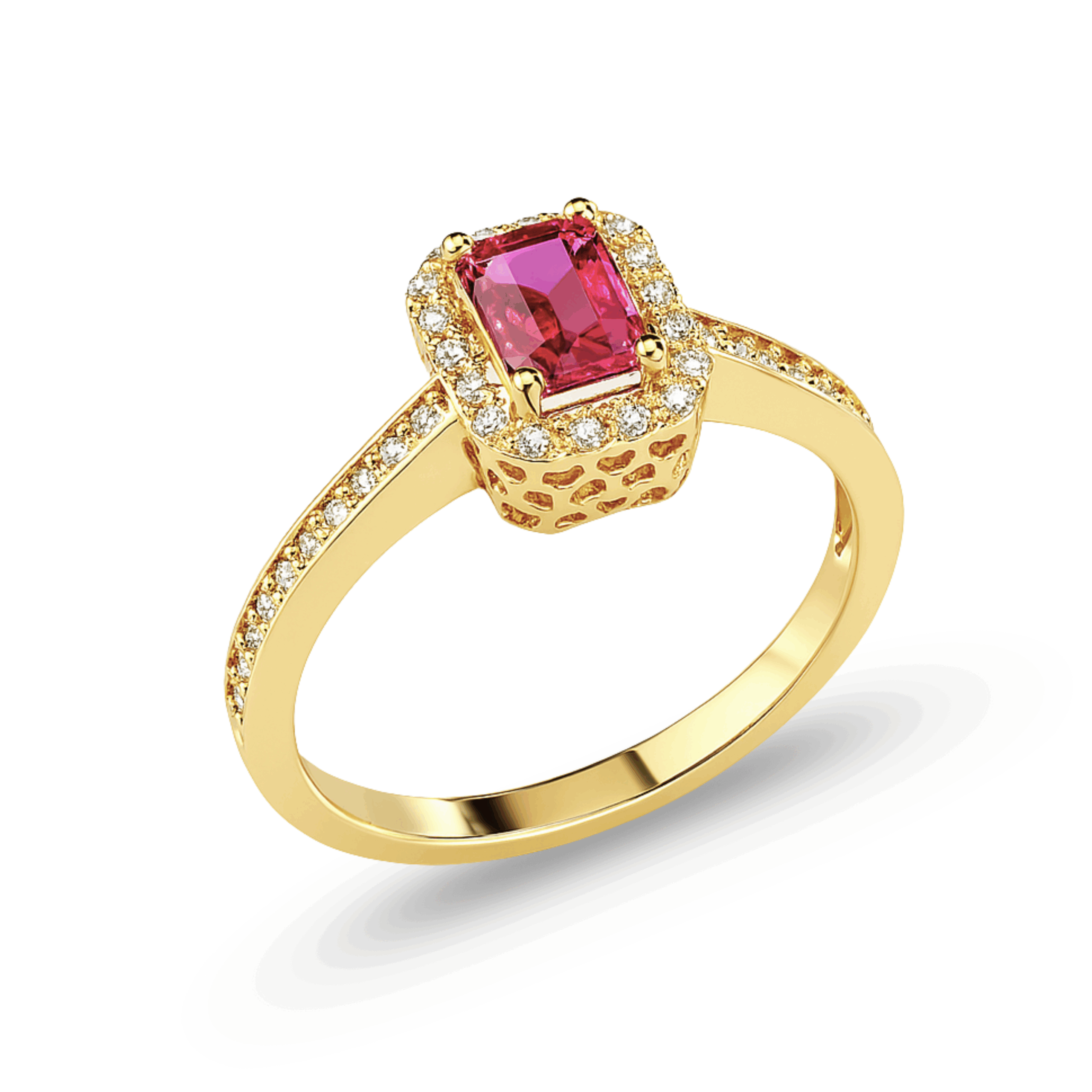 Inel aur galben cu diamante si rubin