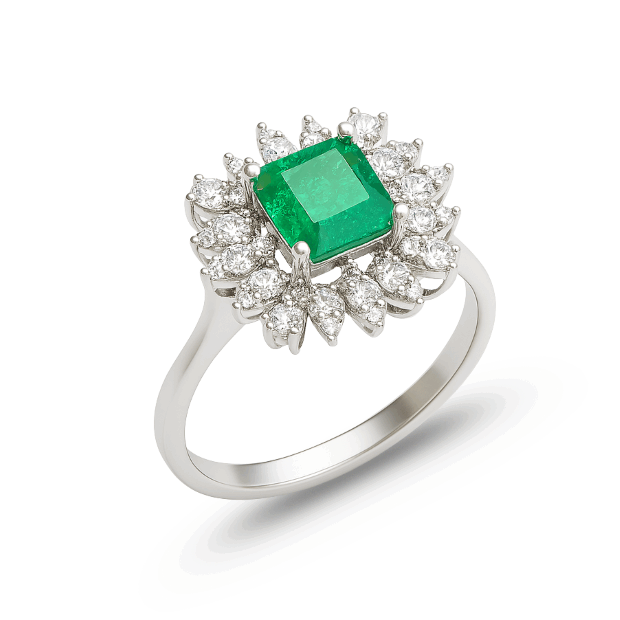 Inel aur alb 14k cu diamante si smarald