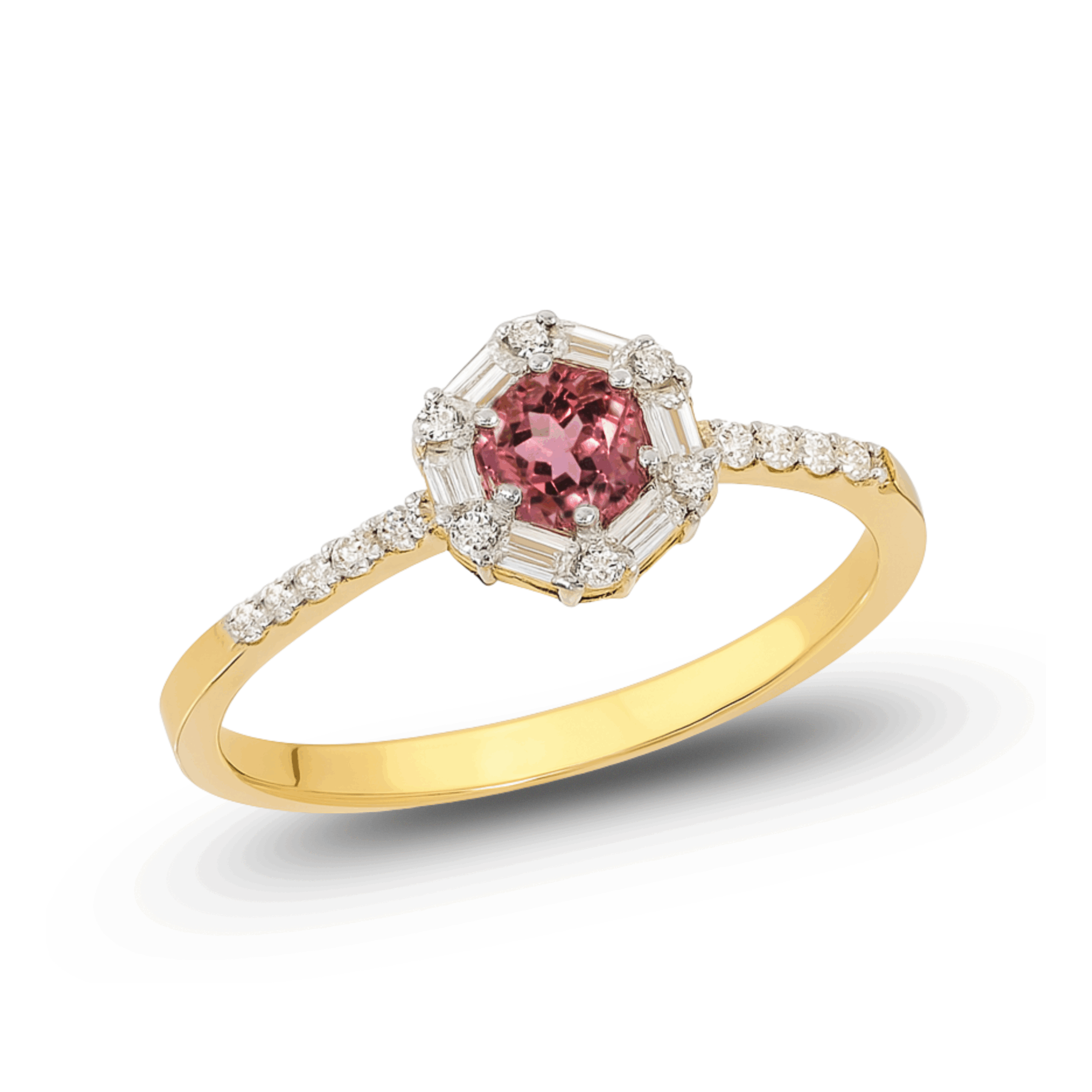 Inel aur galben cu diamante si turmalin roz