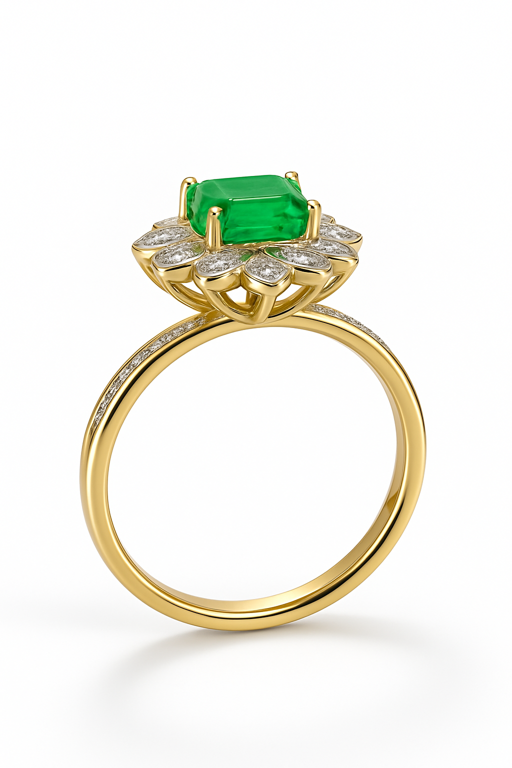 Inel aur galben 14k cu diamante si smarald